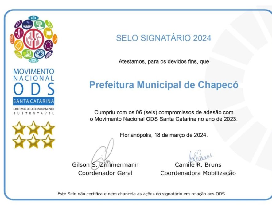 Chapecó recebe o Selo Signatário 2024 ODS pelas práticas de desenvolvimento sustentável